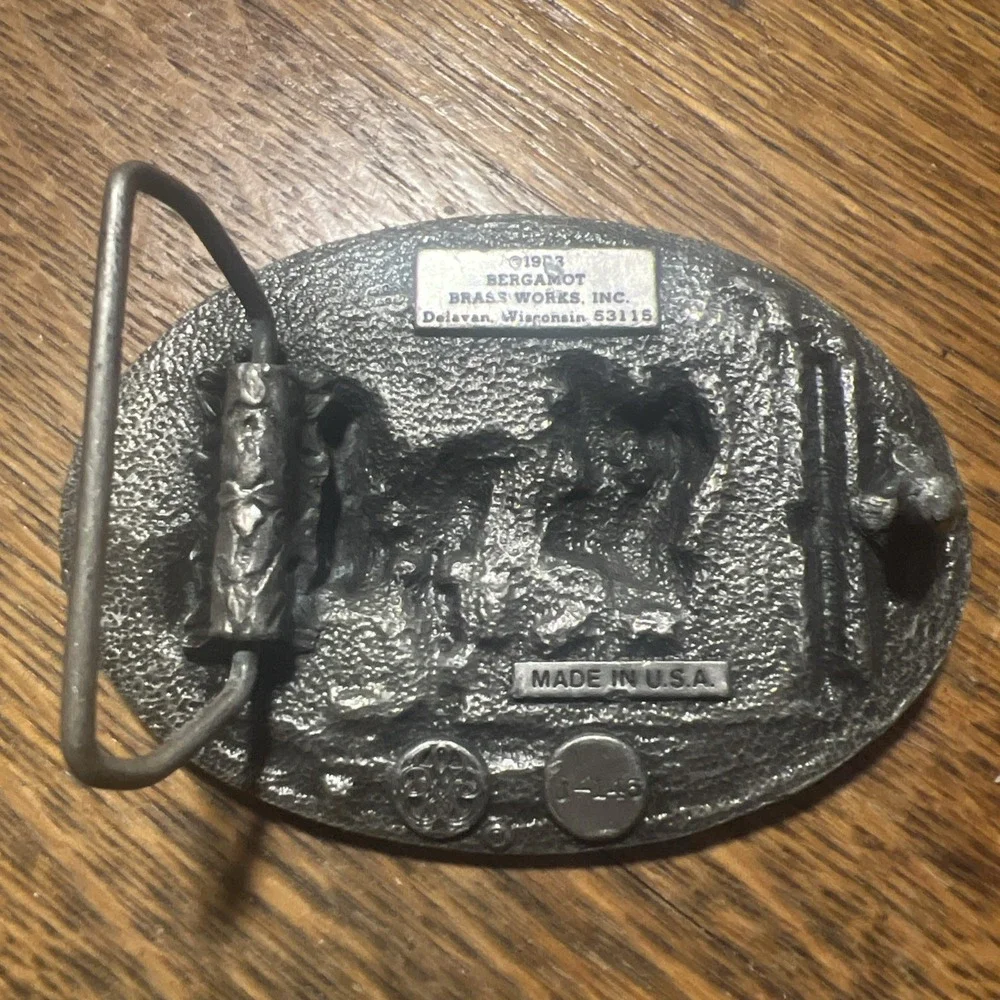 Vintage 1983 Cowboys Belt Buckle Bergamot Brass Works J-146   Horse Made In USA